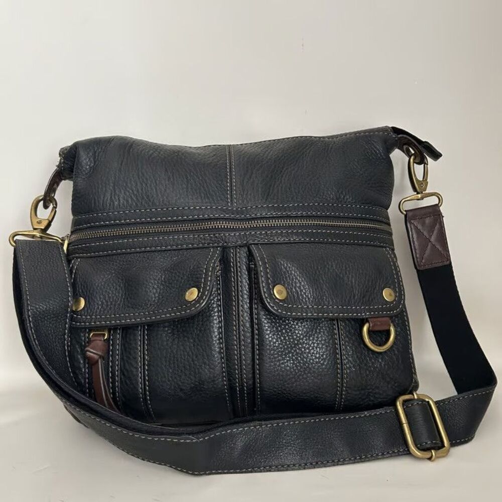 Fossil Womens Crossbody Shoulder Bag Black Pebbled Leather Multi Pocket